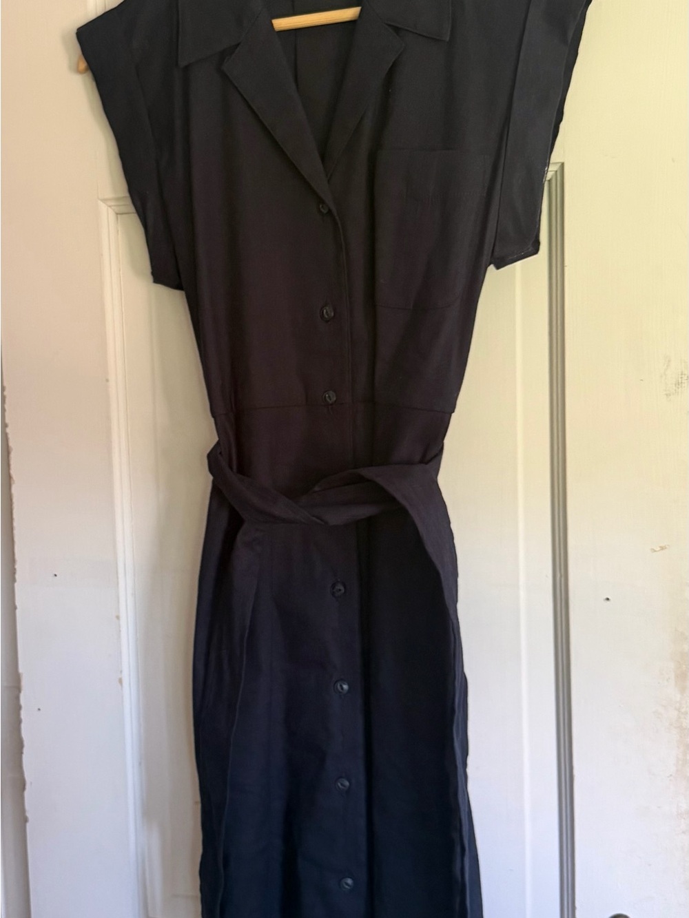 rag & bone Linen Button-Front Midi Dress with Tie Waist — Navy Blue